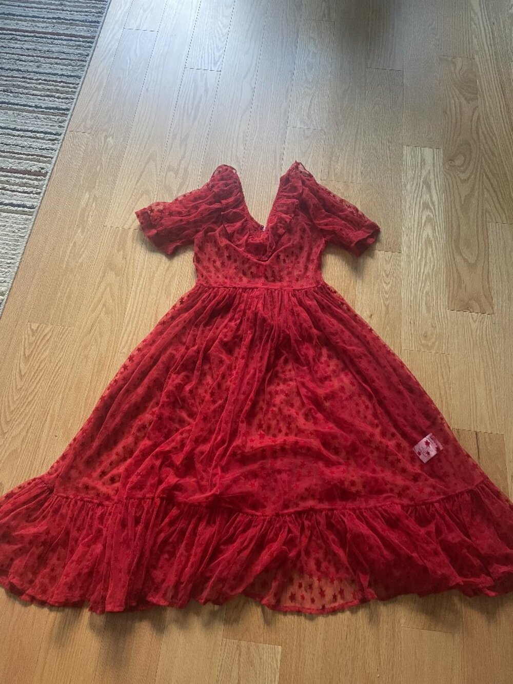 BATSHEVA Ruffle May Dress - RARE RED COLOR - Flocked Star- SHEER